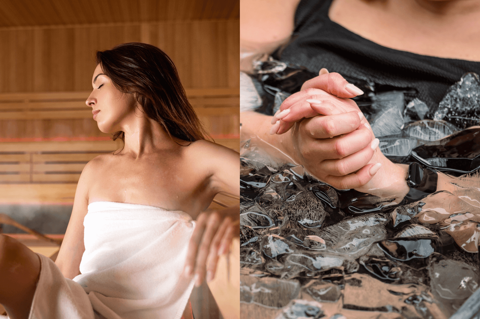 A split image. Woman on the right in a towel, relaxing in a wood sauna. Women on the right is in an ice bath.