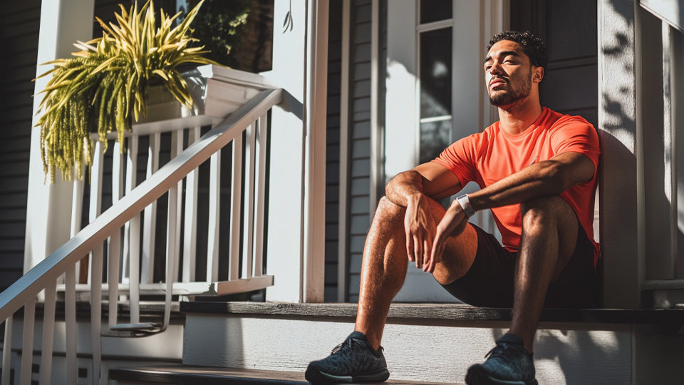 man sitting on the stairs of a porch with his eyes closed