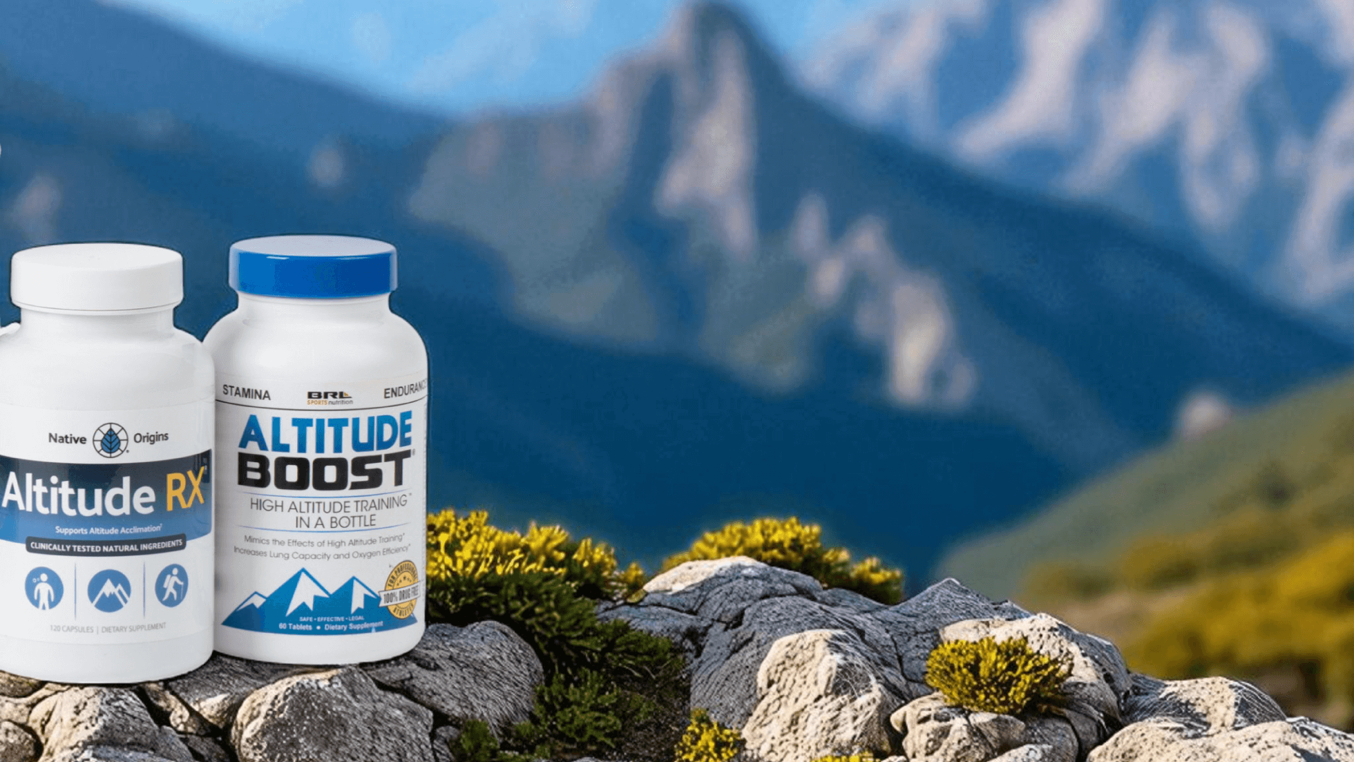 Two bottles, labeled “Altitude RX” and “Altitude Boost,” sit on a rocky surface with blurred green mountains in the background.