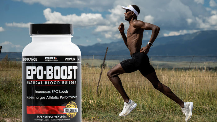 Runner in black shorts sprints outdoors beside a large EPO-Boost supplement bottle.