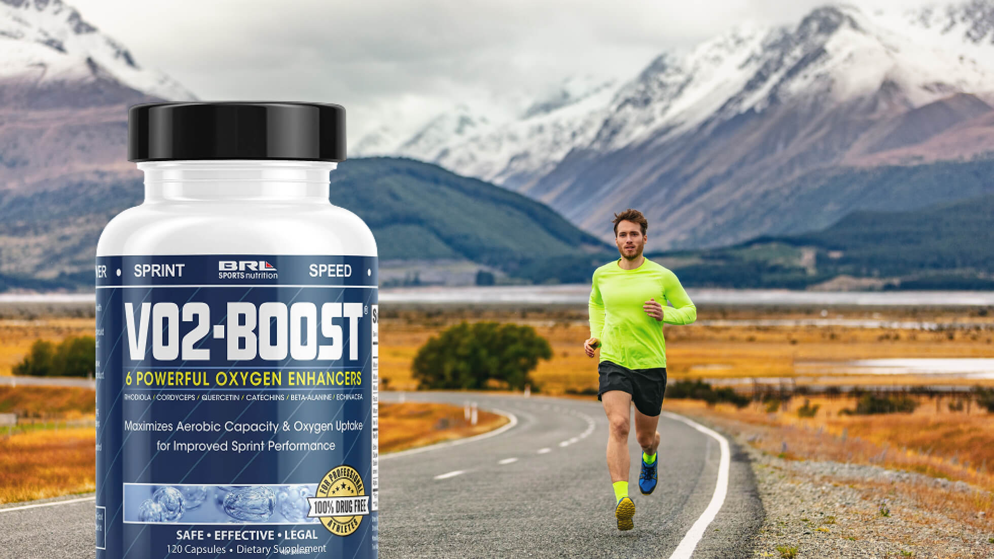 Runner in neon gear jogs along a mountain road beside a large VO2 Boost supplement bottle.