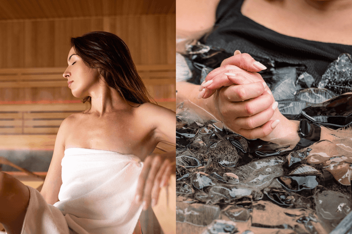 A split image. Woman on the right in a towel, relaxing in a wood sauna. Women on the right is in an ice bath. 