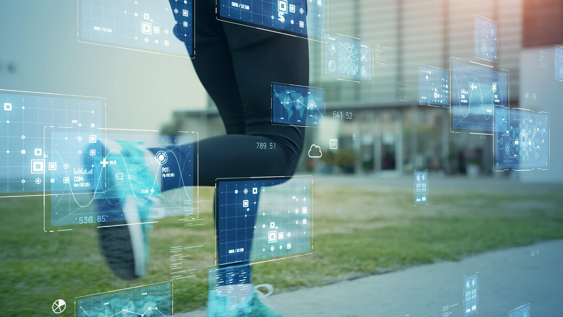 Close-up of a person running outdoors in athletic shoes, overlaid with digital graphics and data visualizations representing fitness and performance metrics.